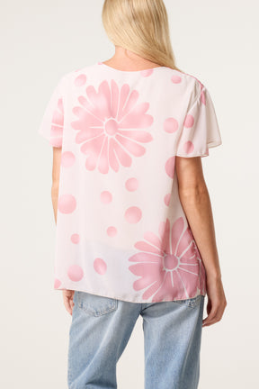 Pleated Floral & Polka Dot Top