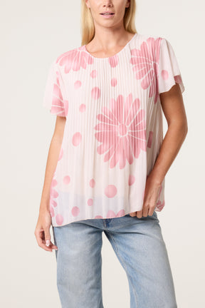 Pleated Floral & Polka Dot Top