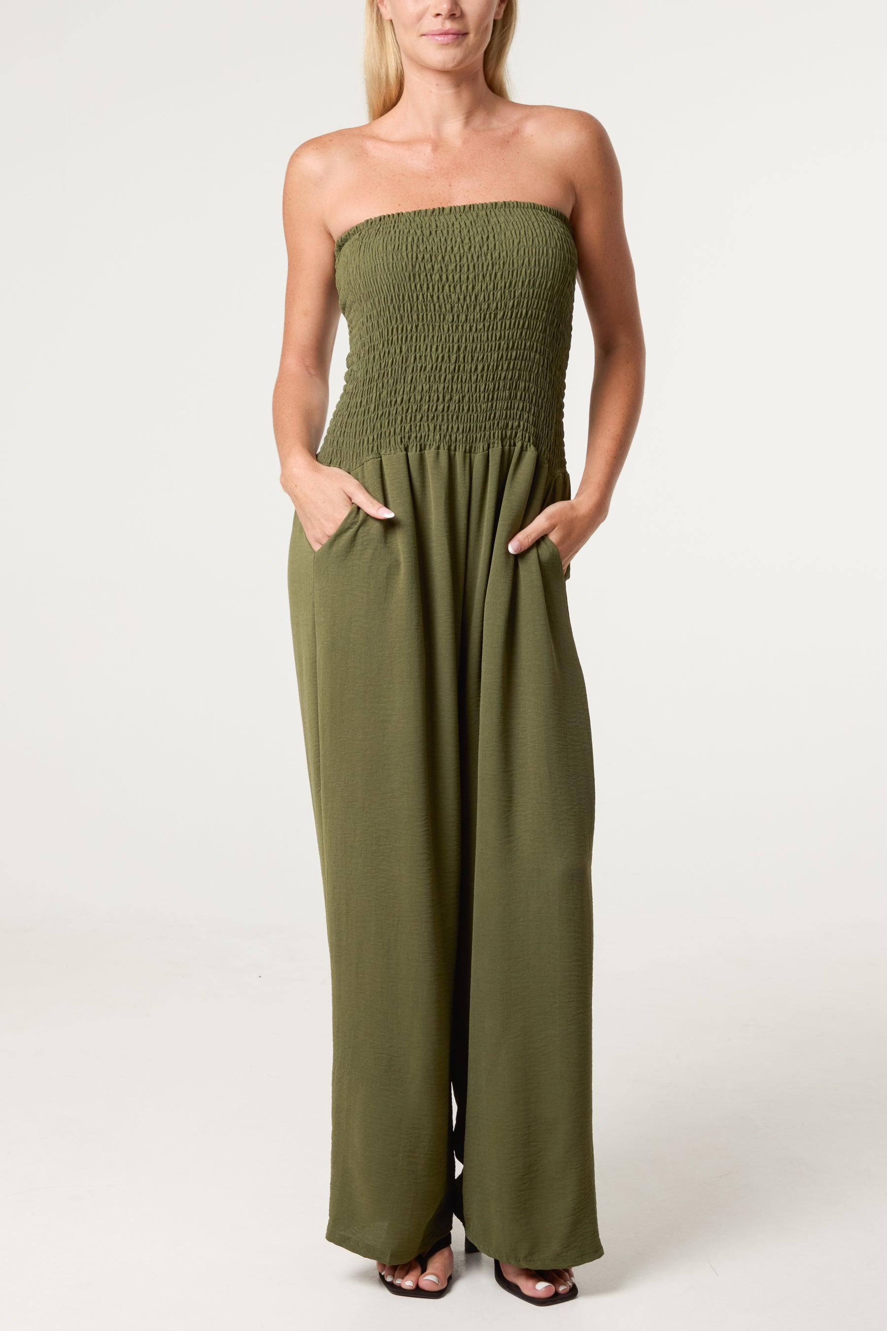 Bandeau Shirred Wide Leg Jumpsuit