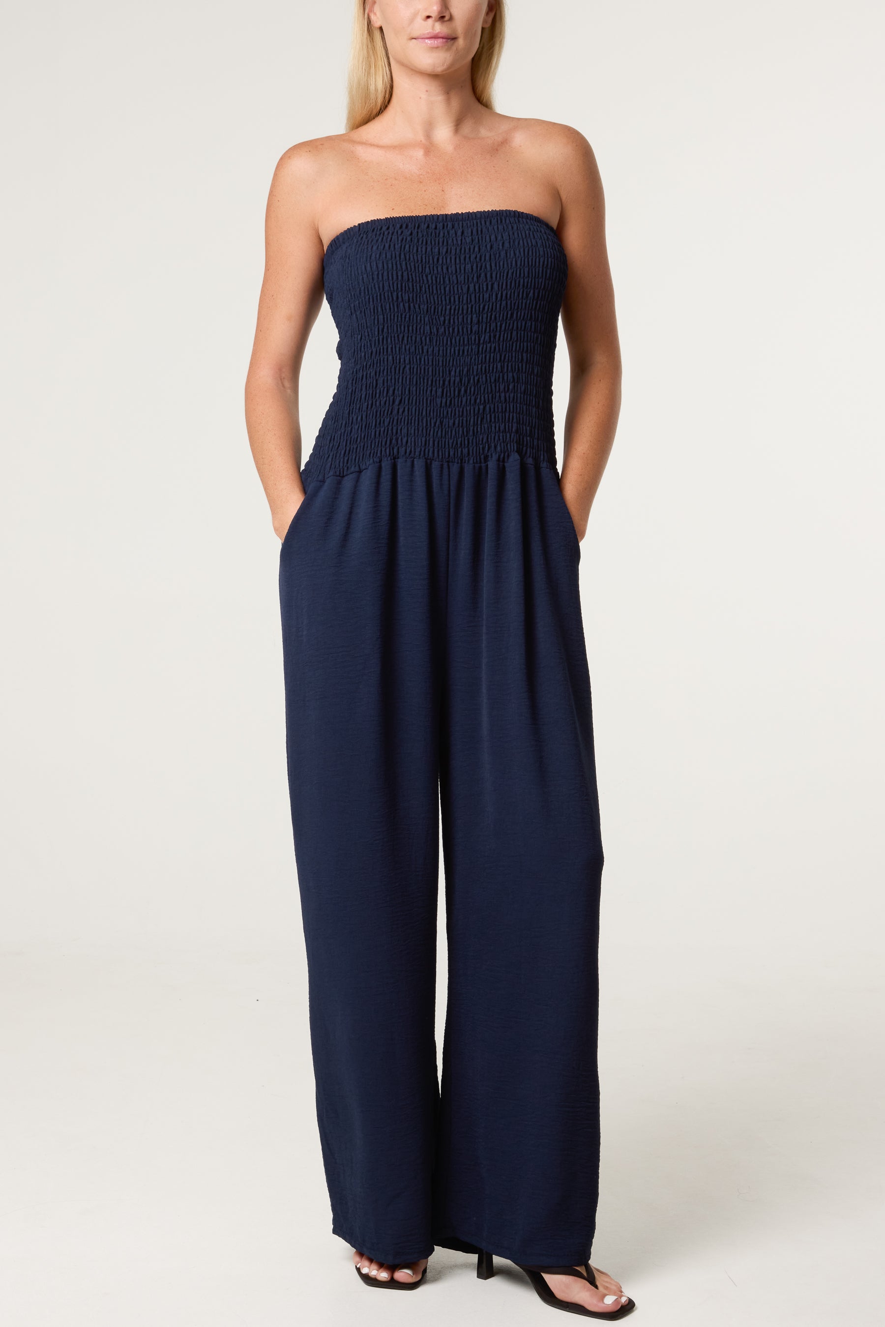 Bandeau Shirred Wide Leg Jumpsuit