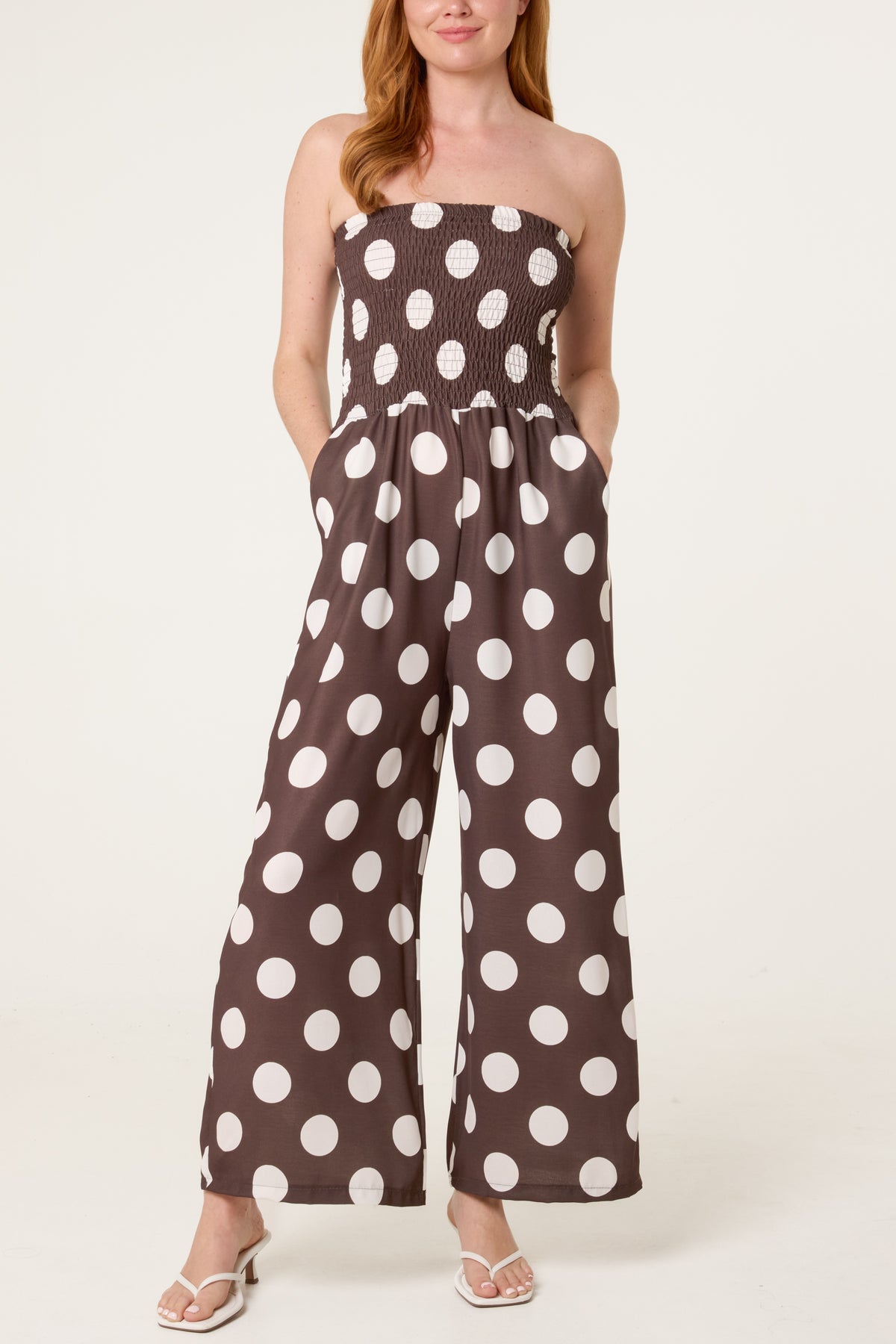 Polka Dot Shirred Bandeau Jumpsuit