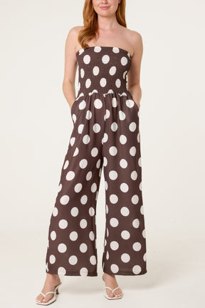 Polka Dot Shirred Bandeau Jumpsuit