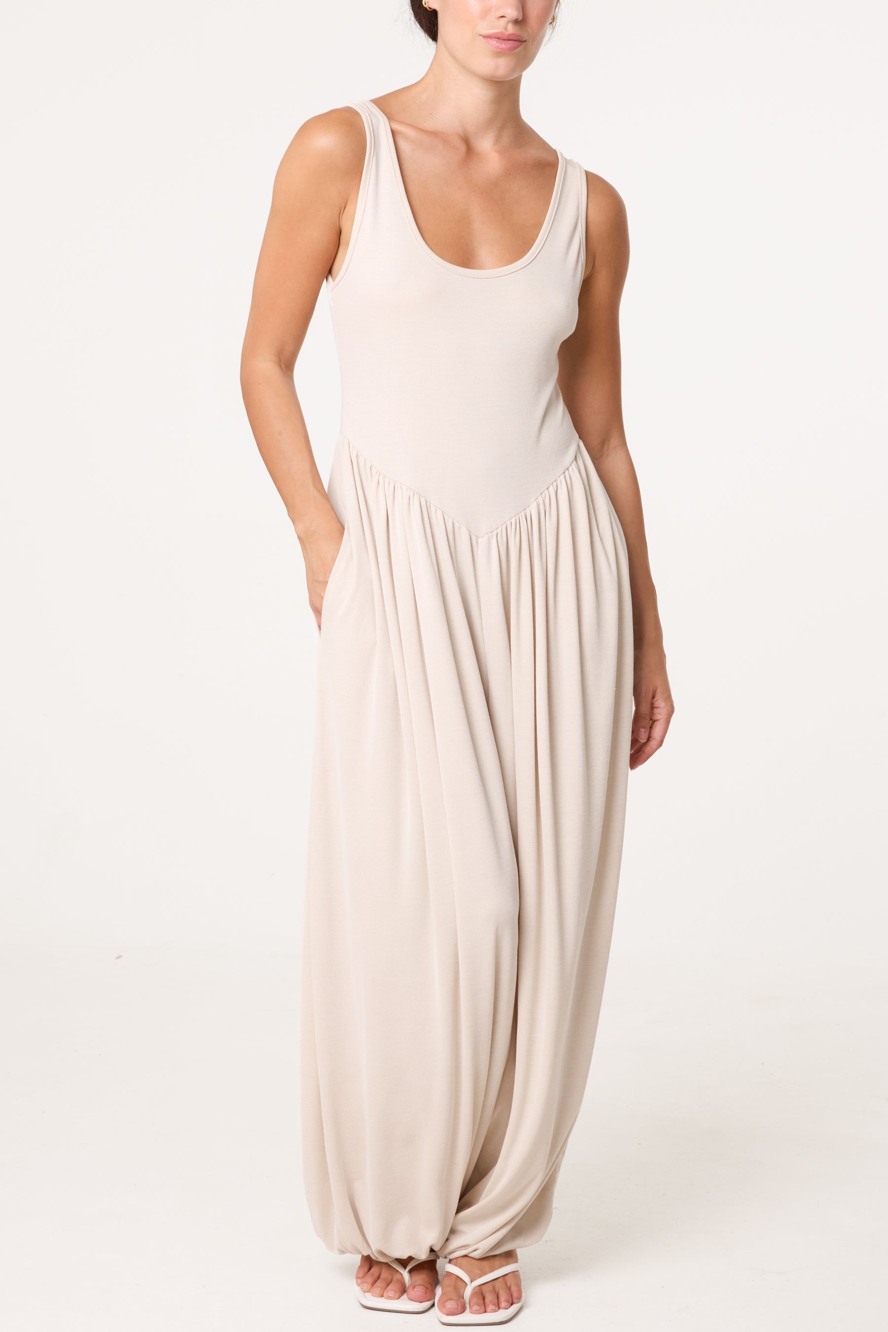 Fine Rib Stretch Harem Jumpsuit