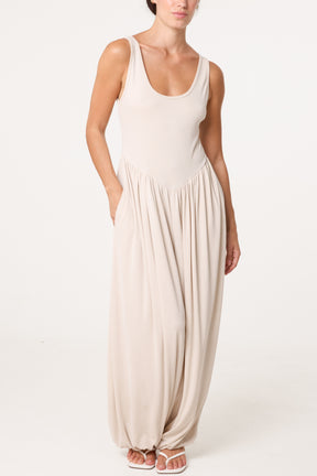 Fine Rib Stretch Harem Jumpsuit