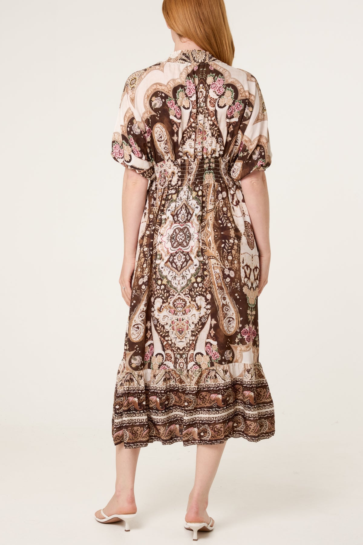 Shirred Waist Print Midi Dress