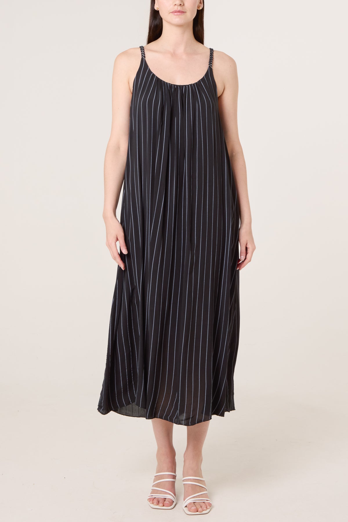 Braided Strap Vertical Stripe Midi Dress