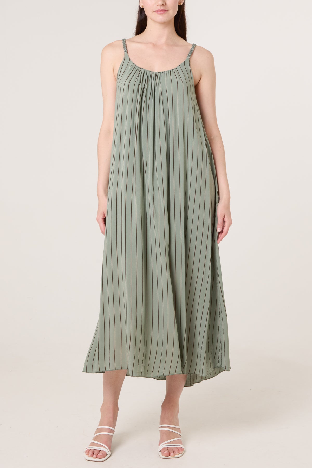 Braided Strap Vertical Stripe Midi Dress