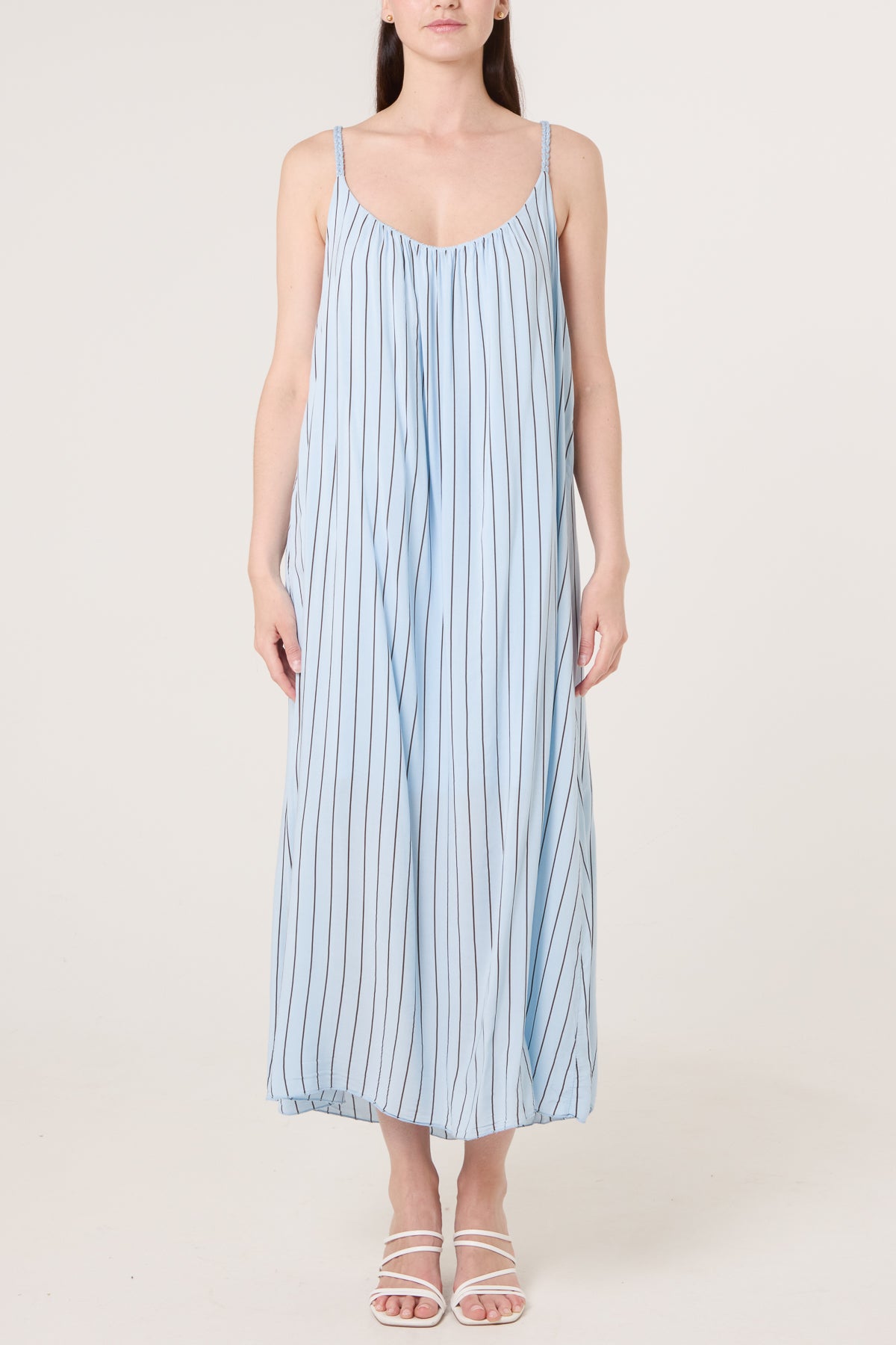 Braided Strap Vertical Stripe Midi Dress
