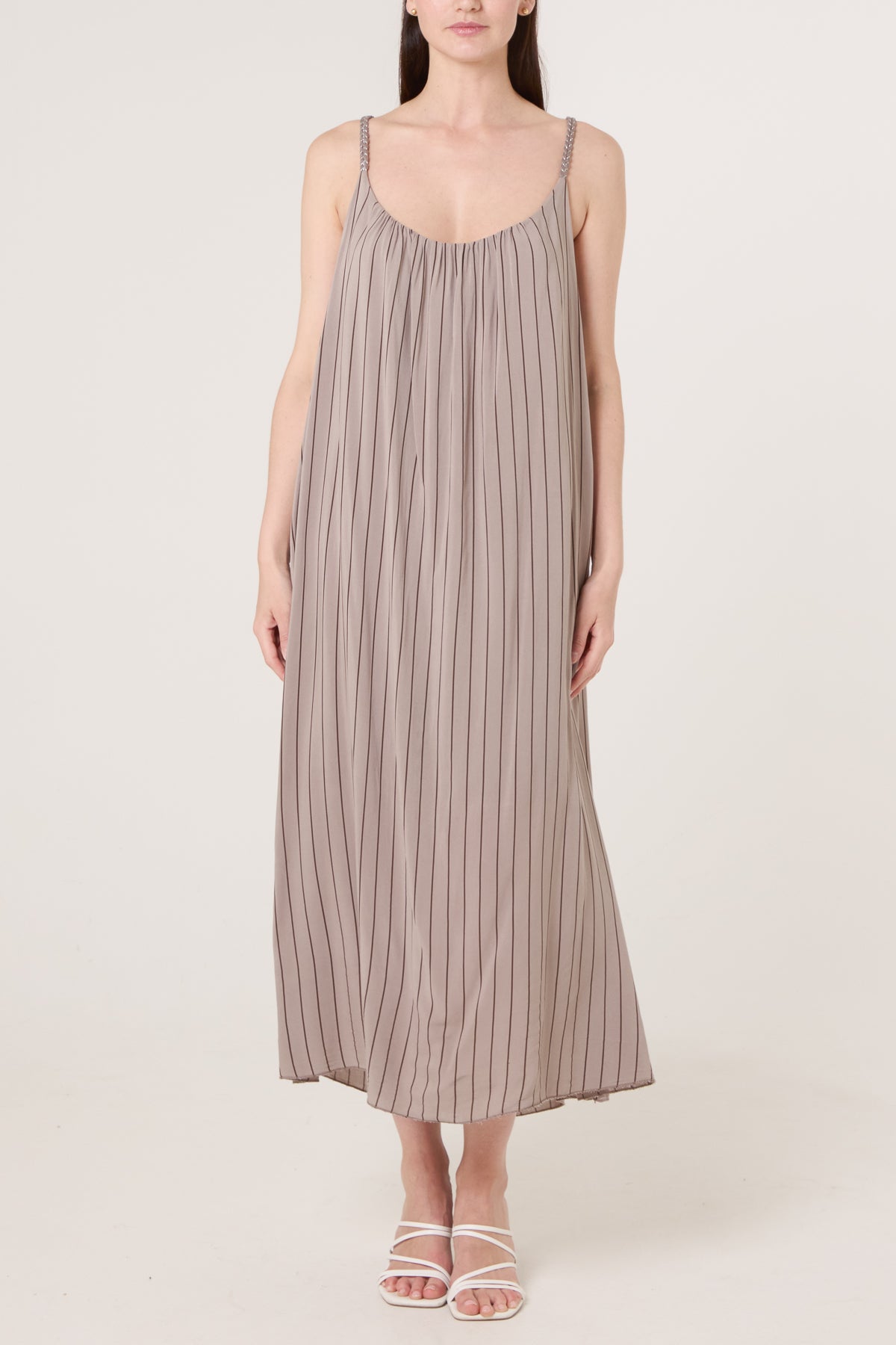 Braided Strap Vertical Stripe Midi Dress