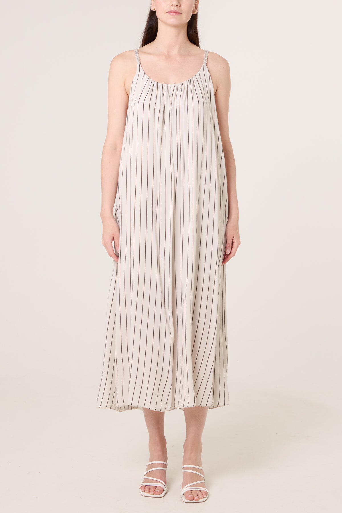 Braided Strap Vertical Stripe Midi Dress
