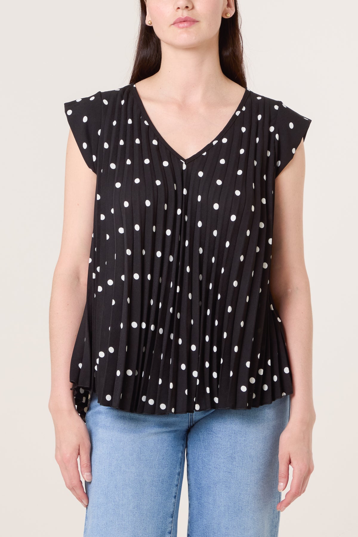V-Neck Polka Dot Pleated Top