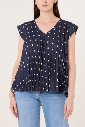 V-Neck Polka Dot Pleated Top