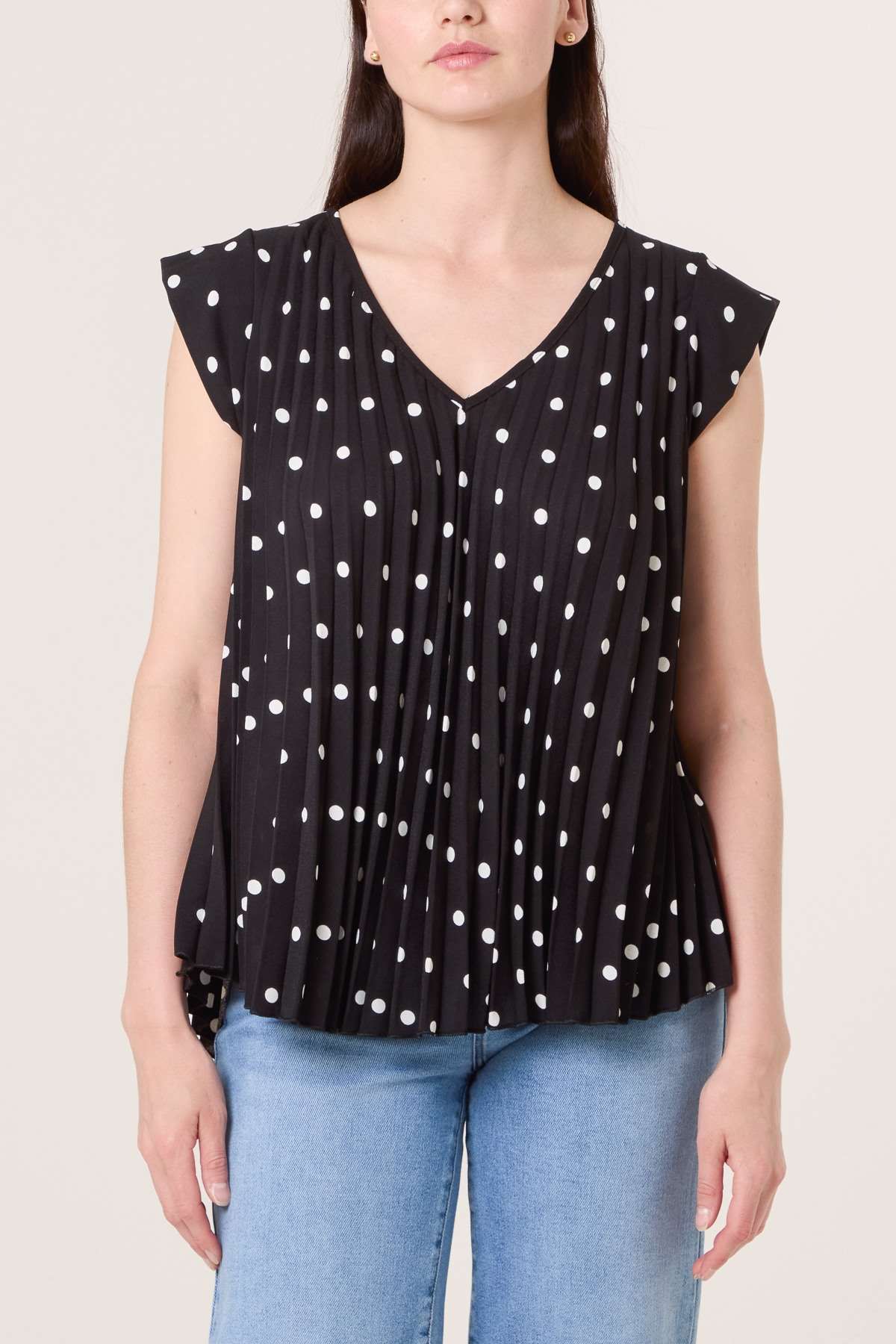 V-Neck Polka Dot Pleated Top