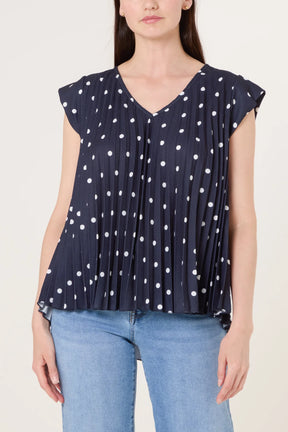 V-Neck Polka Dot Pleated Top