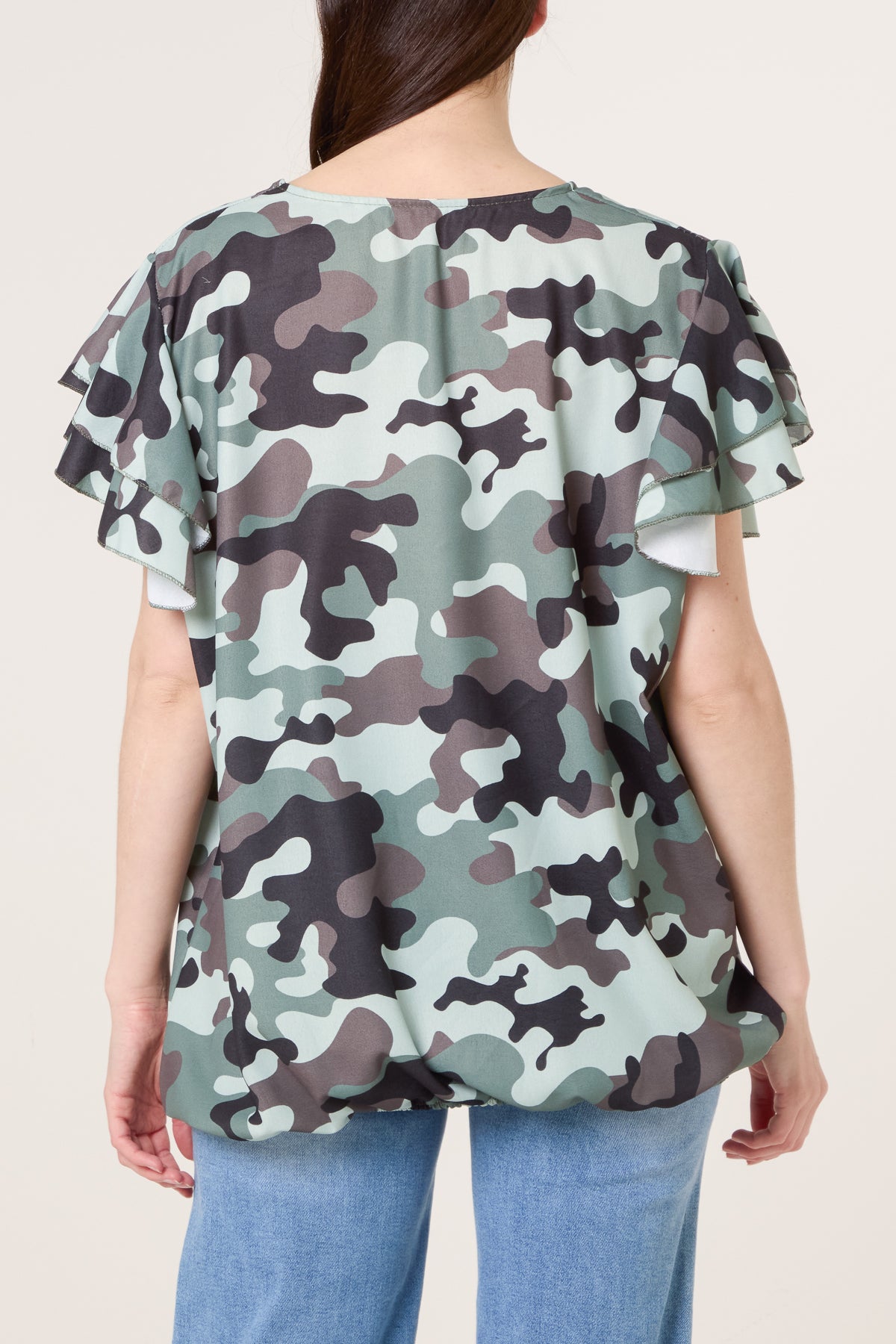 Frill Sleeve Camouflage Print Top