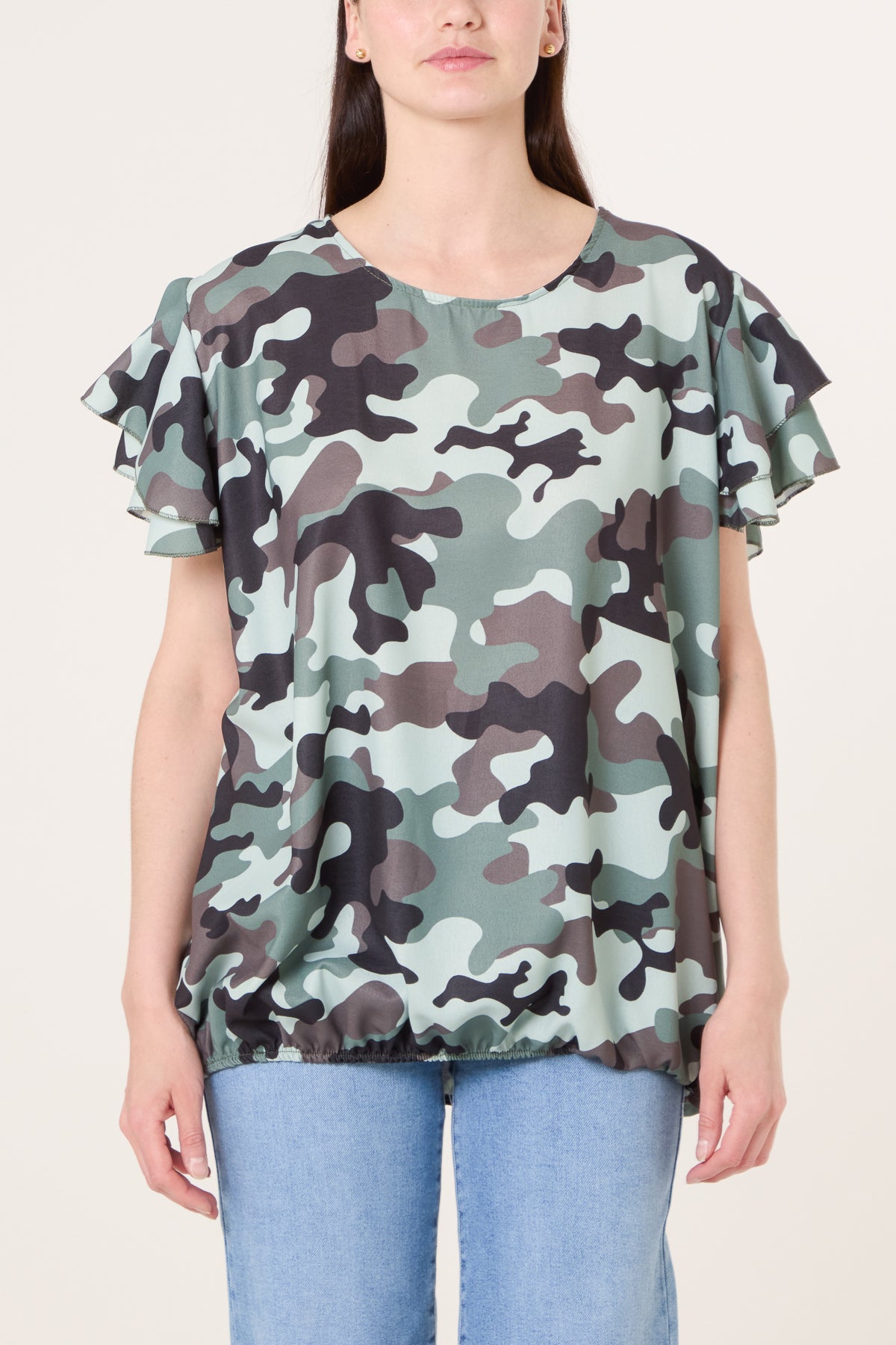 Frill Sleeve Camouflage Print Top