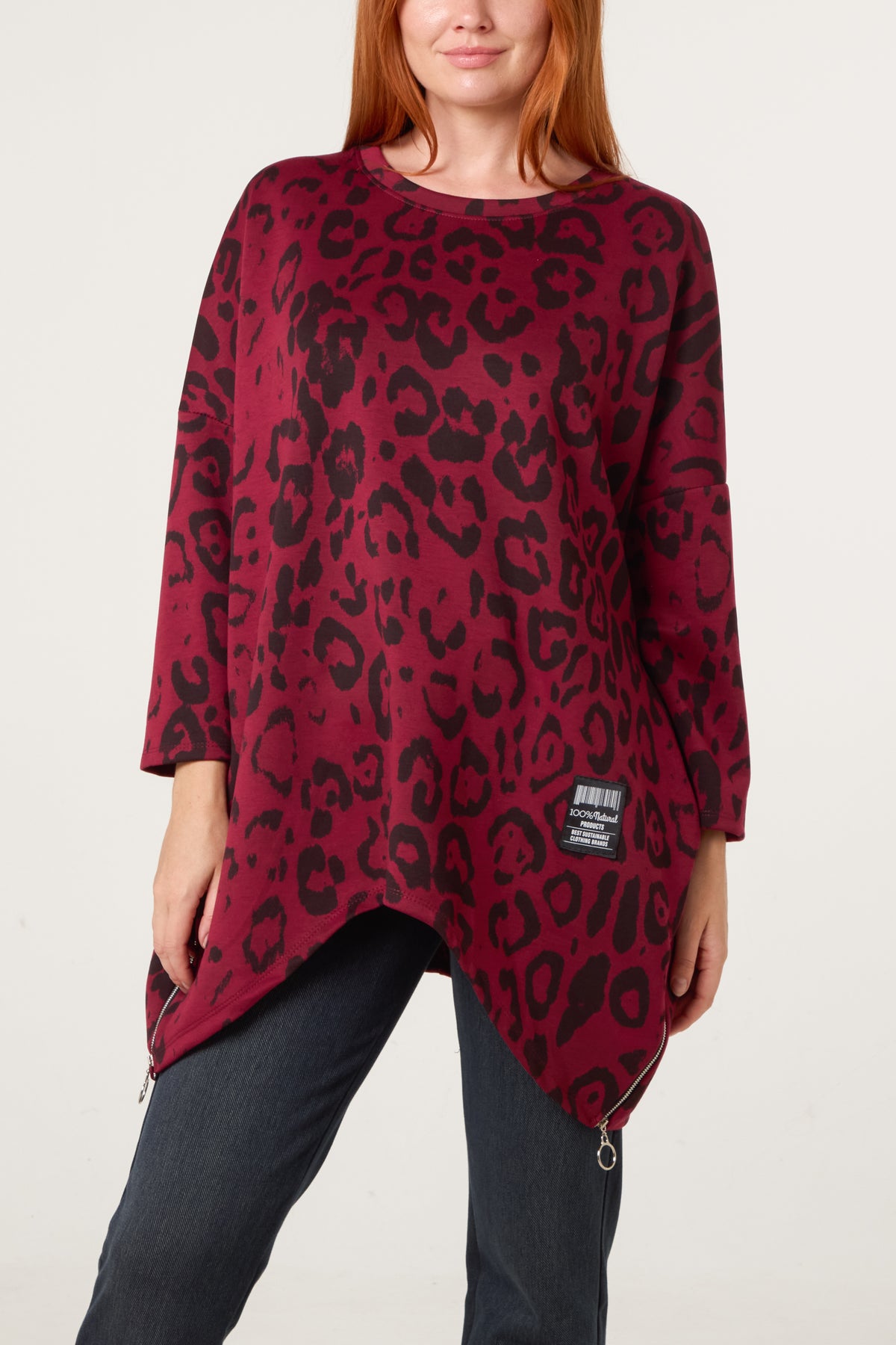 Side Zipper Detailed Leopard Soft Touch Sweat Shirt