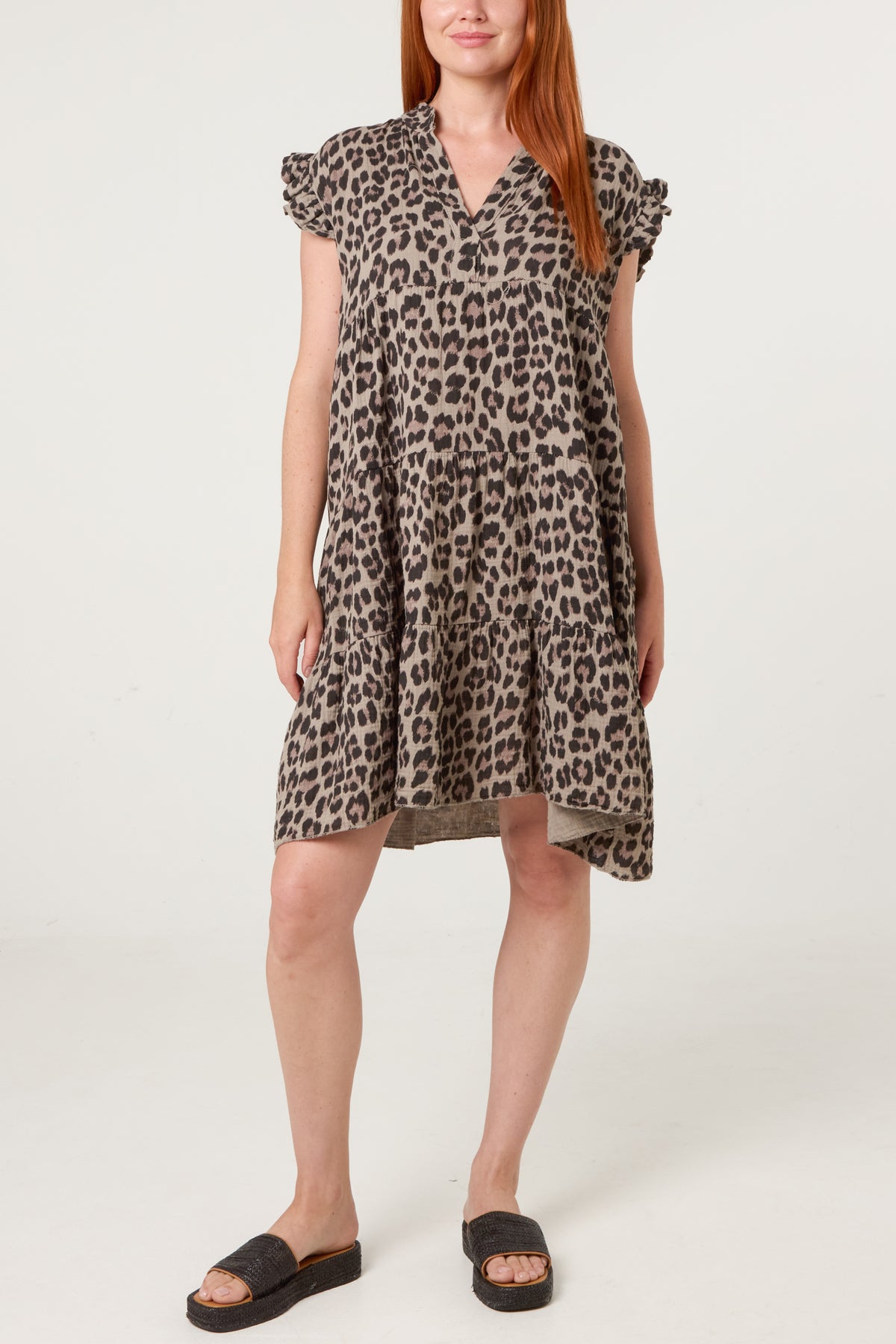 Pure Cotton Short Sleeve Leopard Smock Dress