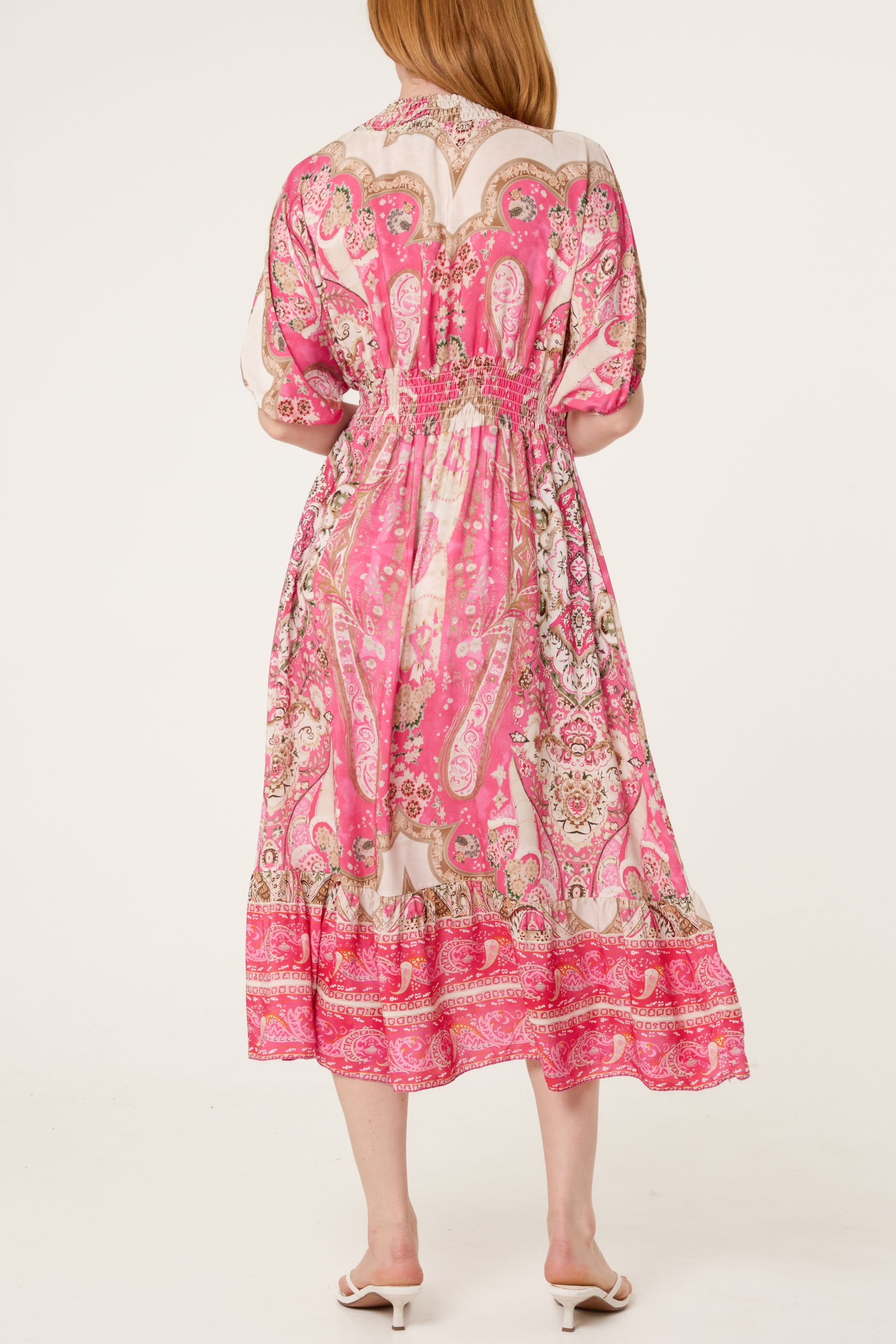 Shirred Waist Print Midi Dress