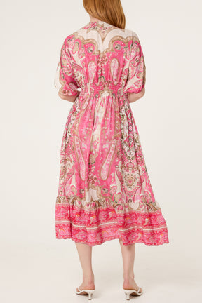 Shirred Waist Print Midi Dress