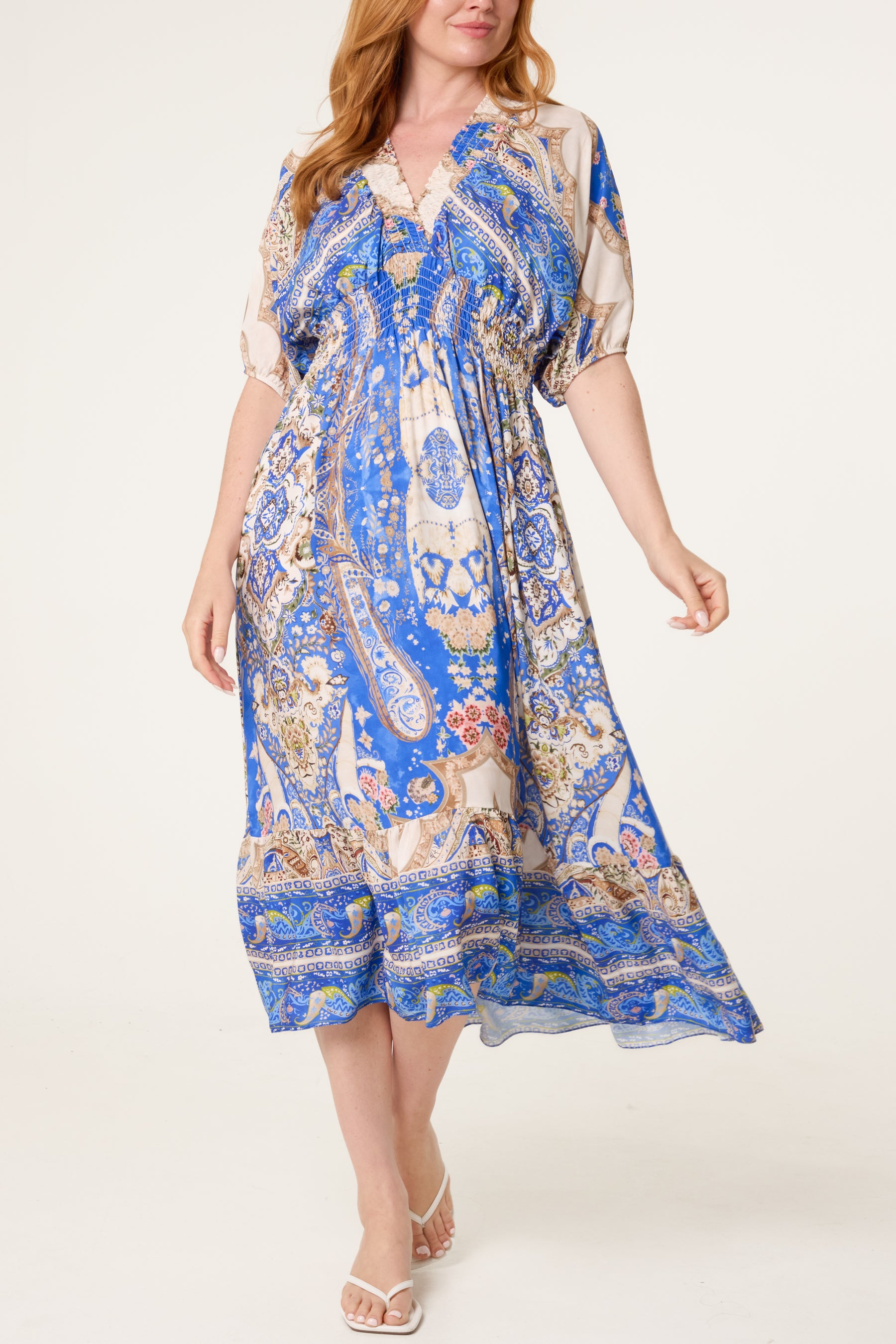 Shirred Waist Print Midi Dress