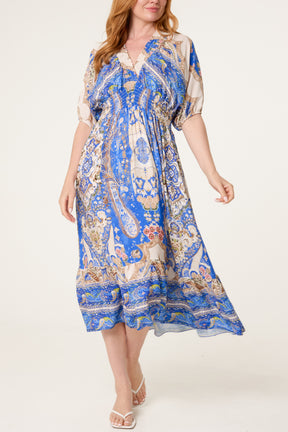 Shirred Waist Print Midi Dress
