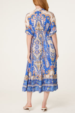 Shirred Waist Print Midi Dress
