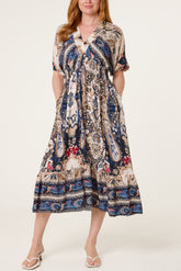 Shirred Waist Print Midi Dress