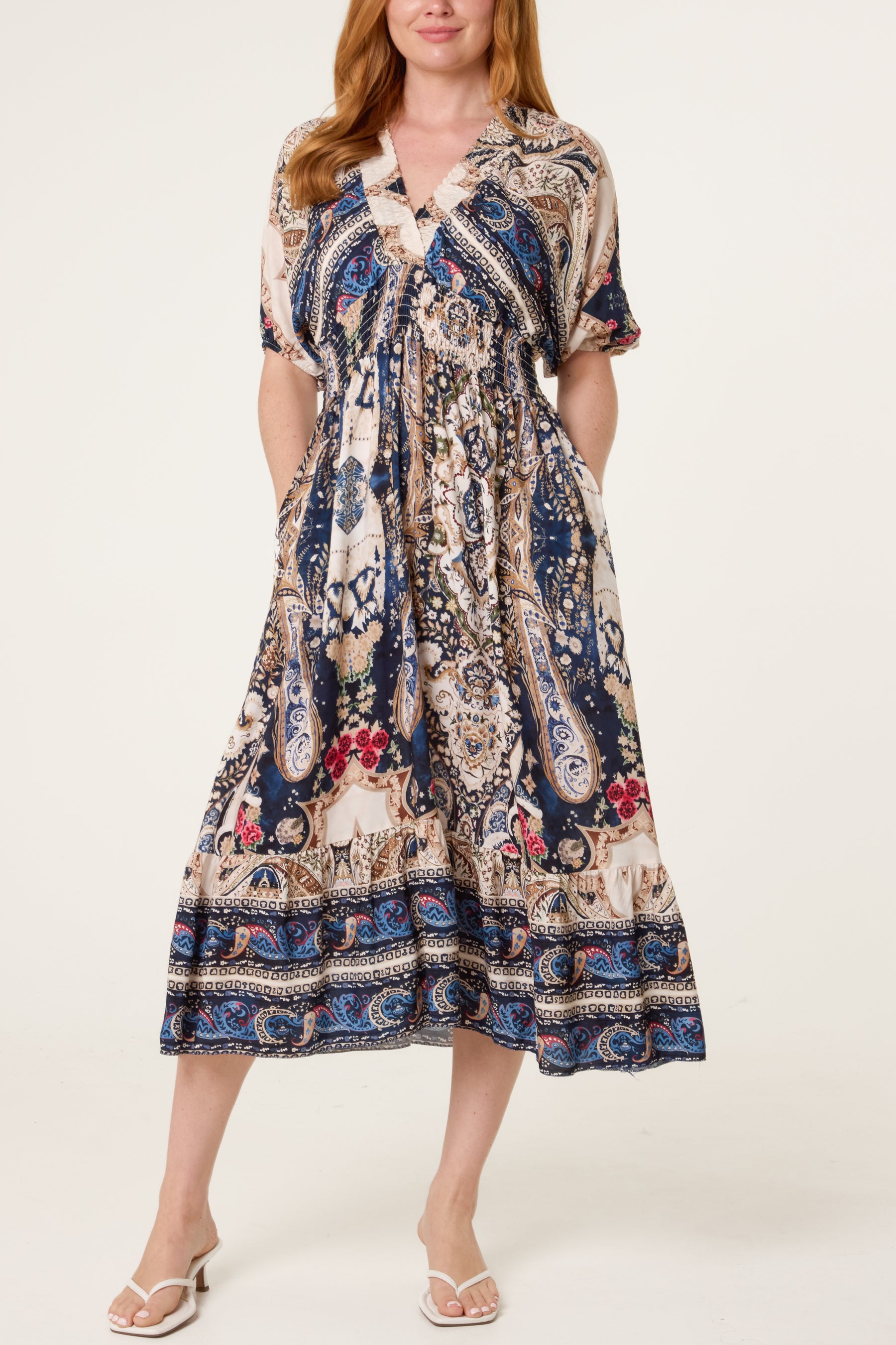 Shirred Waist Print Midi Dress