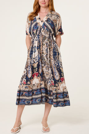 Shirred Waist Print Midi Dress