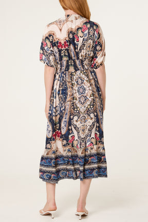 Shirred Waist Print Midi Dress