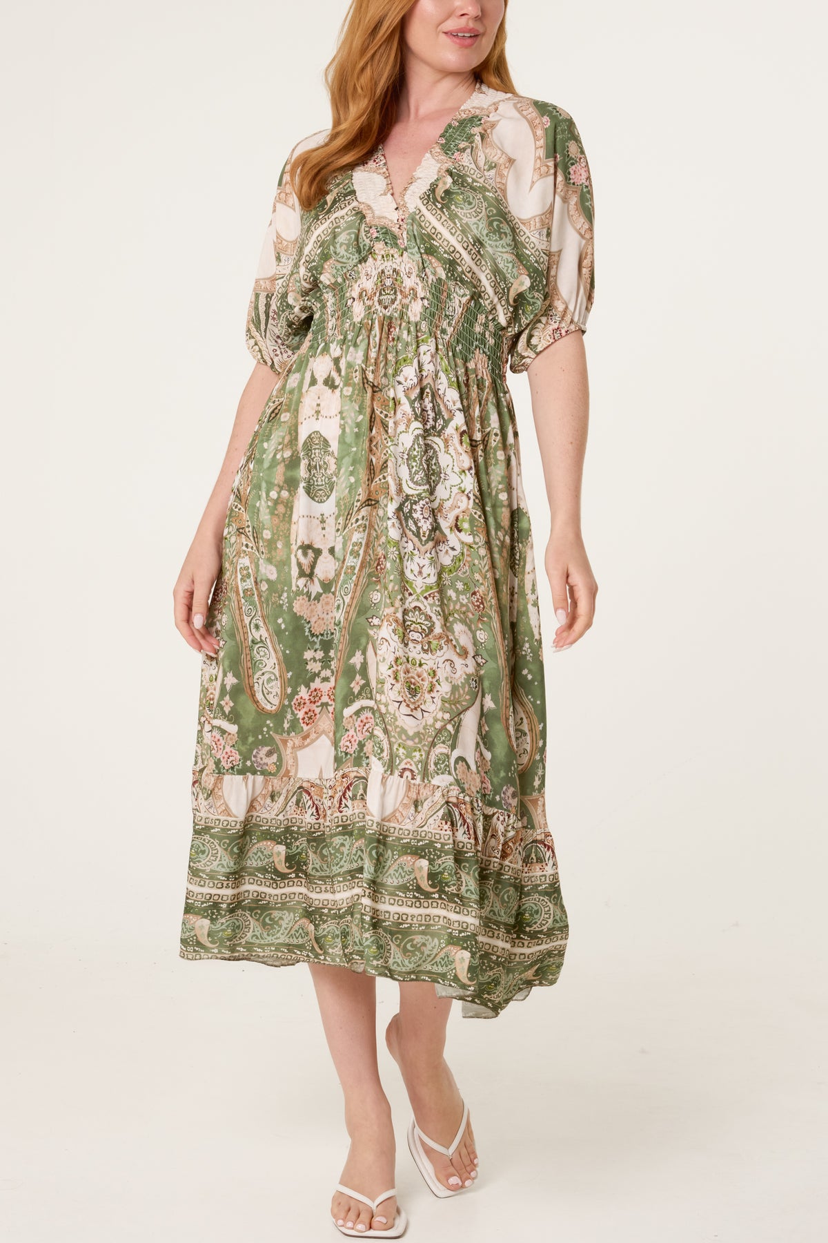 Shirred Waist Print Midi Dress