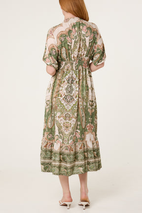 Shirred Waist Print Midi Dress