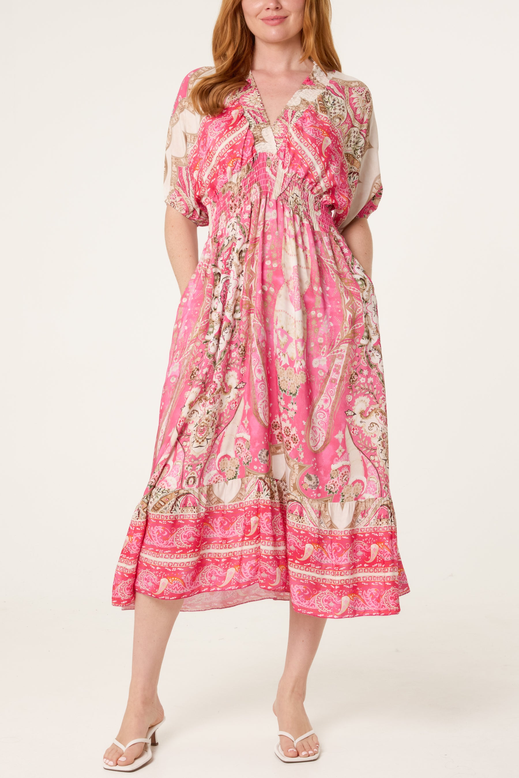 Shirred Waist Print Midi Dress