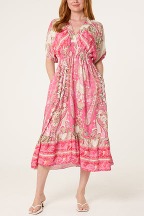 Shirred Waist Print Midi Dress