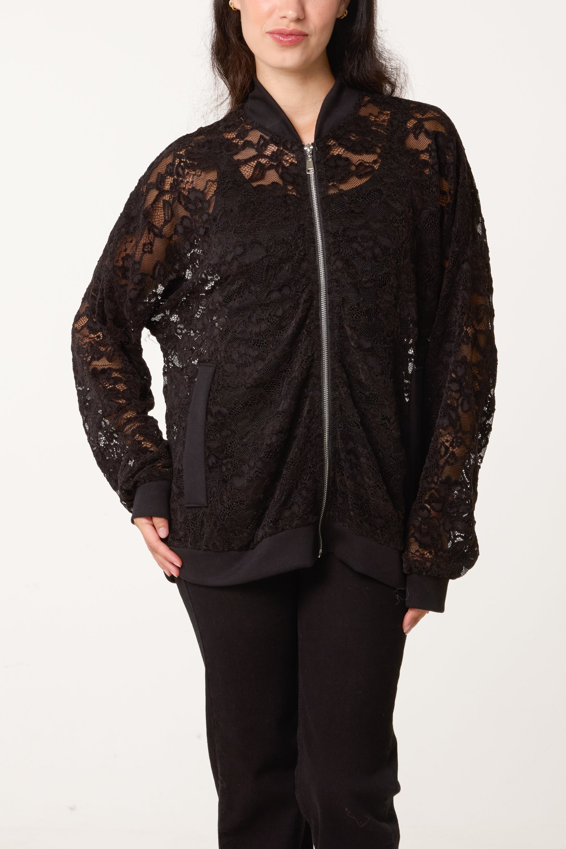 Zip Through Lace Jacket With Pockets