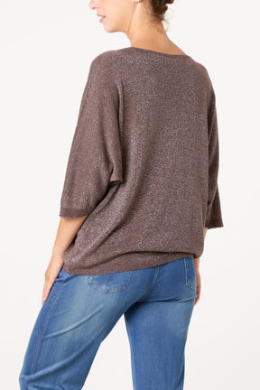 Sparkly Effect V-Neck 3/4 Sleeve Blouse