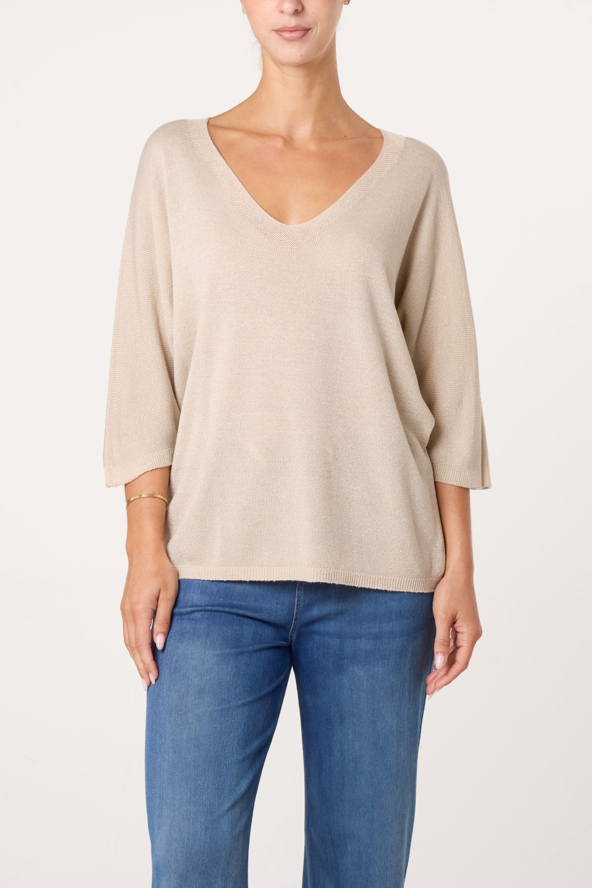 Sparkly Effect V-Neck 3/4 Sleeve Blouse