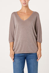 Sparkly Effect V-Neck 3/4 Sleeve Blouse