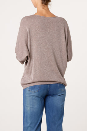 Sparkly Effect V-Neck 3/4 Sleeve Blouse
