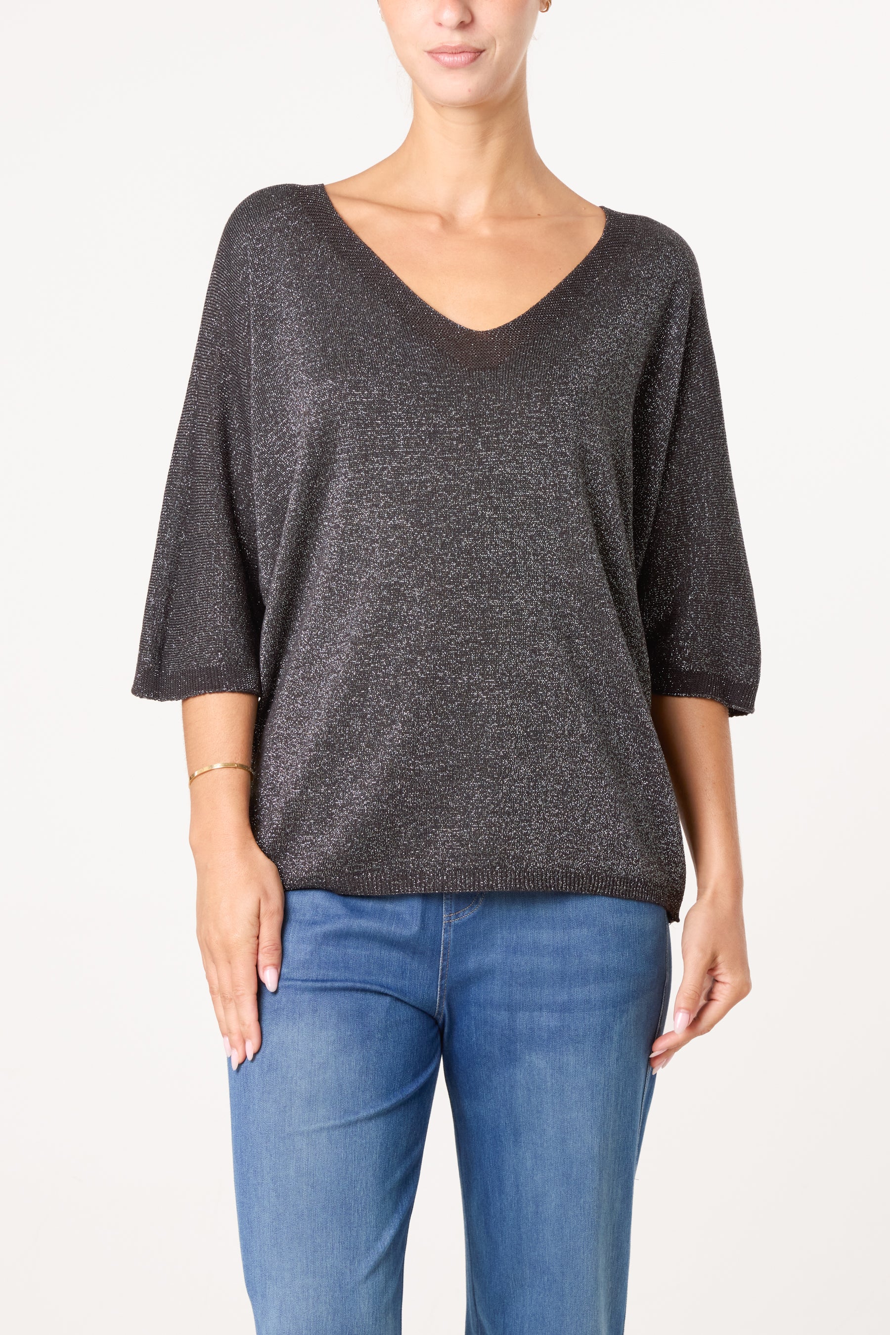 Sparkly Effect V-Neck 3/4 Sleeve Blouse