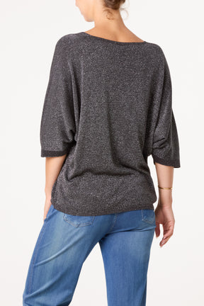 Sparkly Effect V-Neck 3/4 Sleeve Blouse