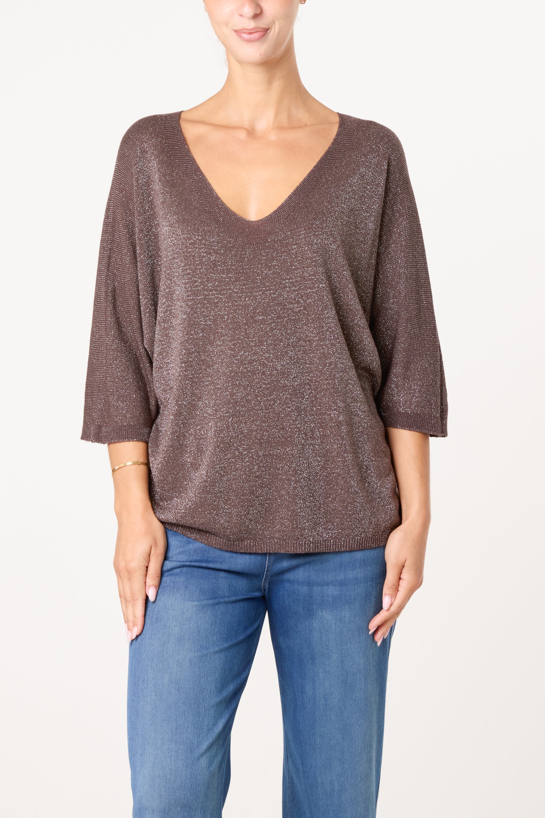 Sparkly Effect V-Neck 3/4 Sleeve Blouse