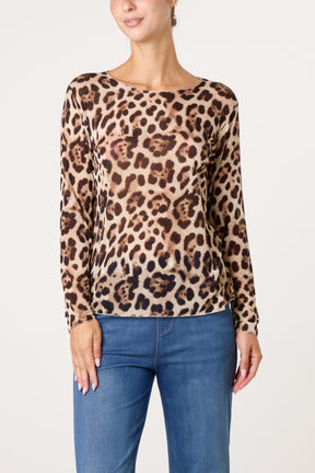 Long Sleeve Cashmere Blend Leopard Top