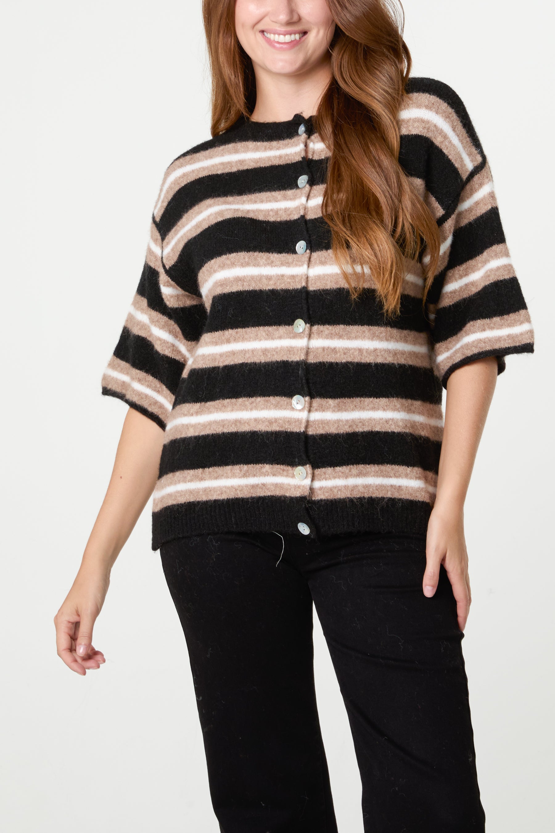 Multi Striped Alpaca Wool Blend Knit Cardigan
