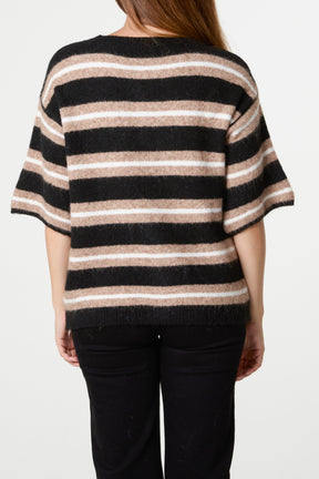 Multi Striped Alpaca Wool Blend Knit Cardigan
