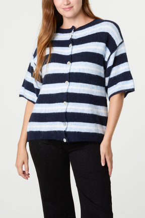 Multi Striped Alpaca Wool Blend Knit Cardigan