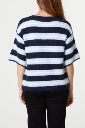 Multi Striped Alpaca Wool Blend Knit Cardigan
