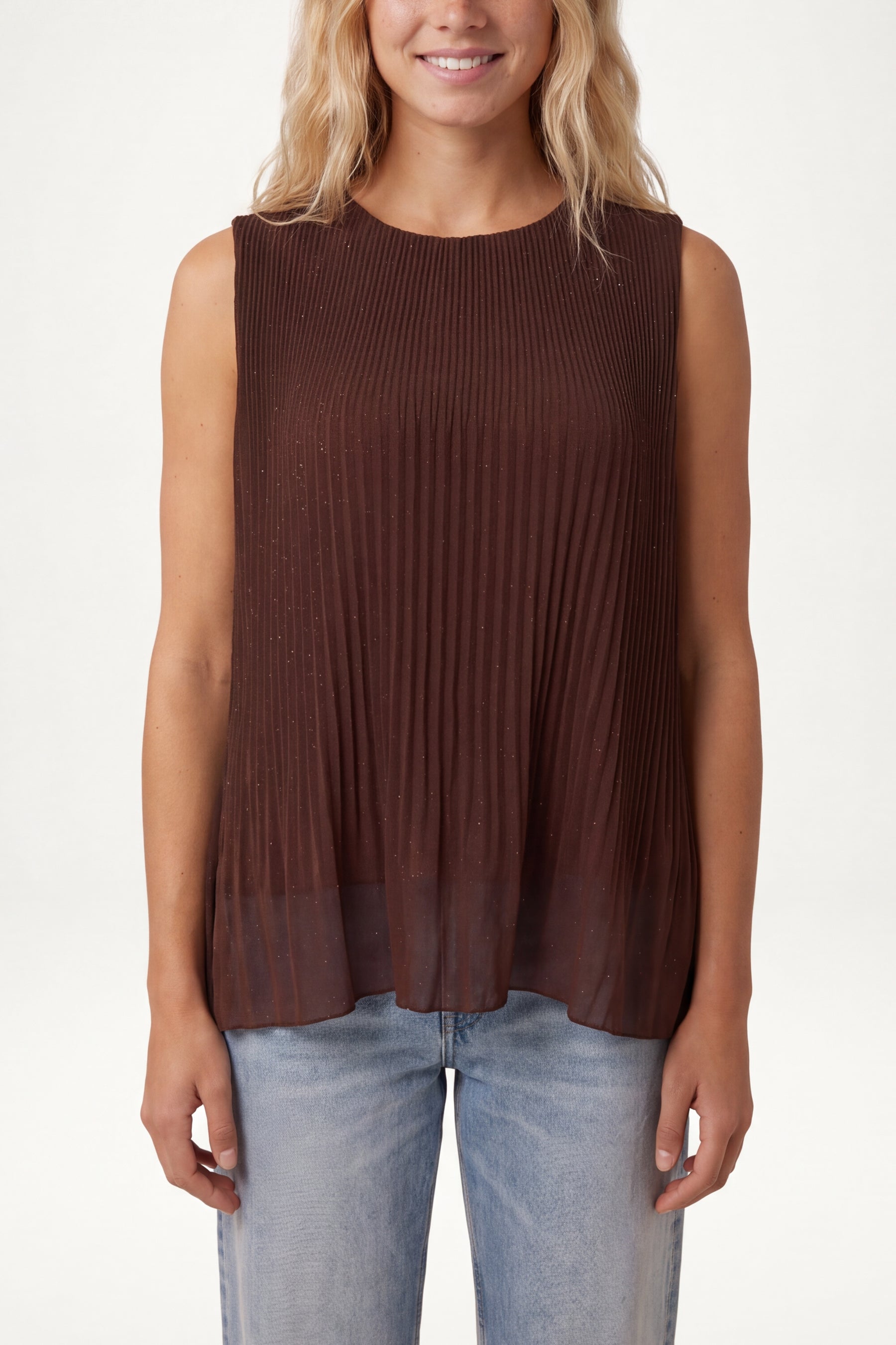 Metallic Glitter Pleated Sleeveless Top