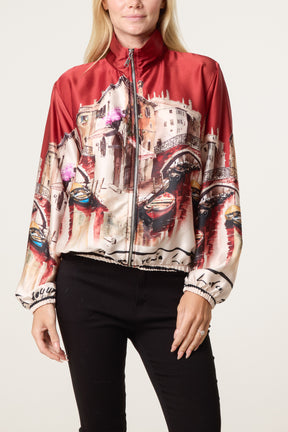 Abstract Satin Bomber Jacket